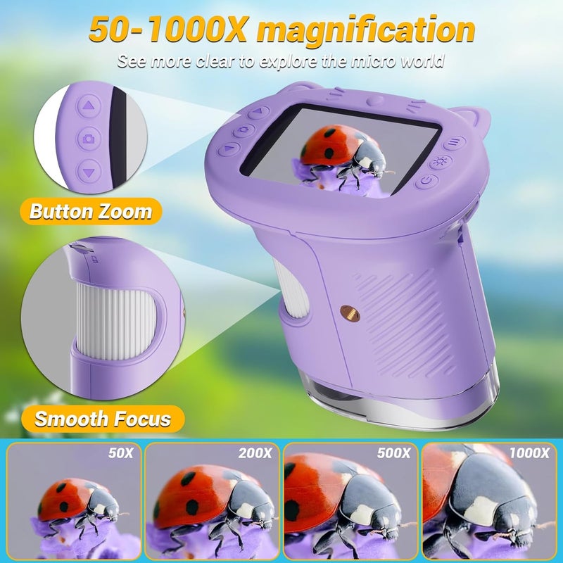 WINWEND 2.4" Screen Pocket Kids Microscope: 1000X Handheld Microscope for Photo and Video - Portable Science Kits STEM Toys – Christmas/Birthday Gifts for Girls & Boys Ages 3-12(Purple) - Image 4